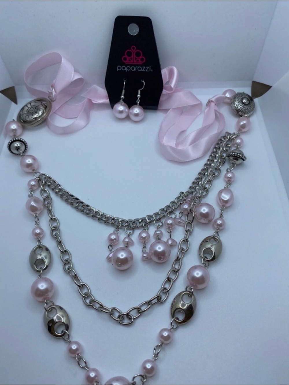 paparazzi Light Pink Pearl Multi-Strand Ribbon Necklace with Earrings